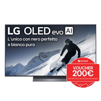 Vista frontale di una TV 83 pollici LG OLED evo AI C5 4K Smart TV 2025 OLED83C5ELA, con bollo promozione